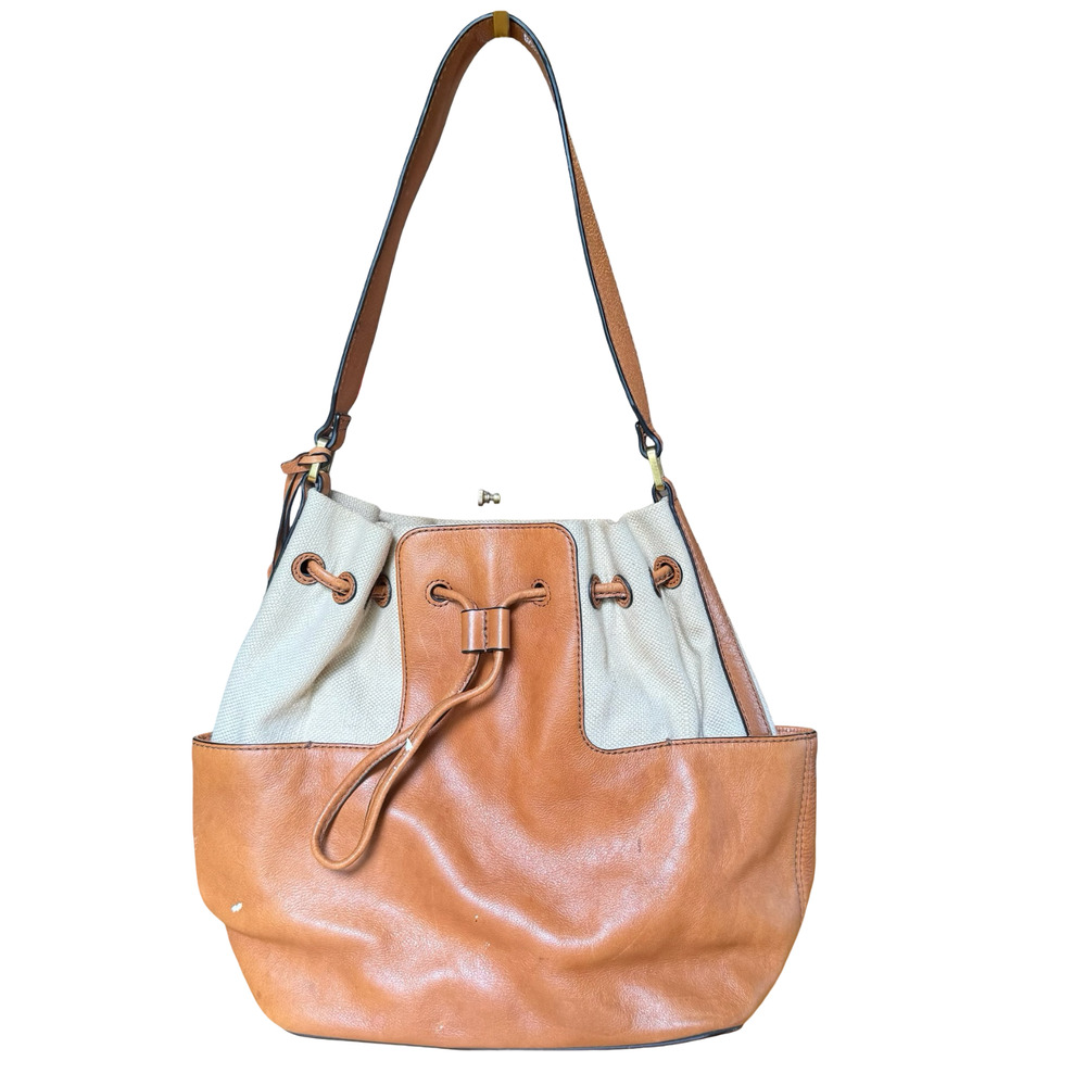 Fossil Leather & Canvas Tan Handbag Shoulder Bag Drawstring Bucket Purse 13x11x6